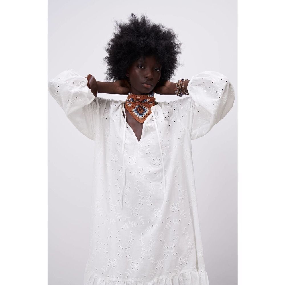 ZARA Openwork Cutwork Embroidered Boho Lightweight Dress New White - Picture 9 of 9